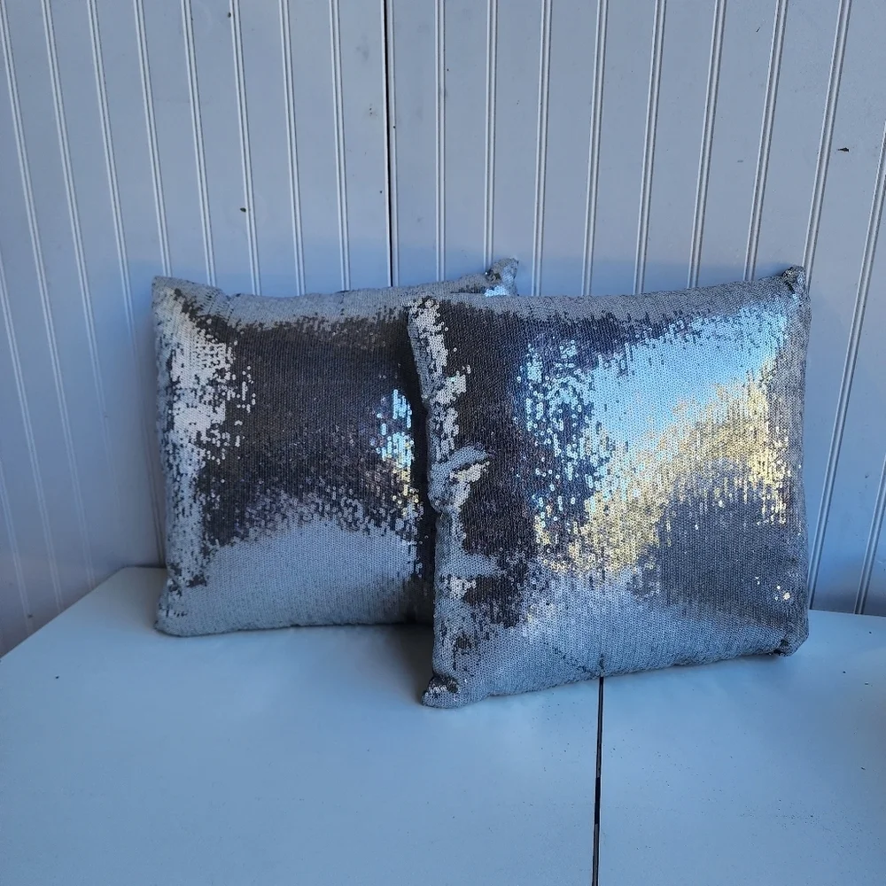 Lot Of 2 Sparkle Sequined Dark Silver 15”X15” Pillows
